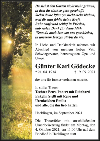 Traueranzeige von Günter Karl Gödecke  von Magdeburger Volksstimme