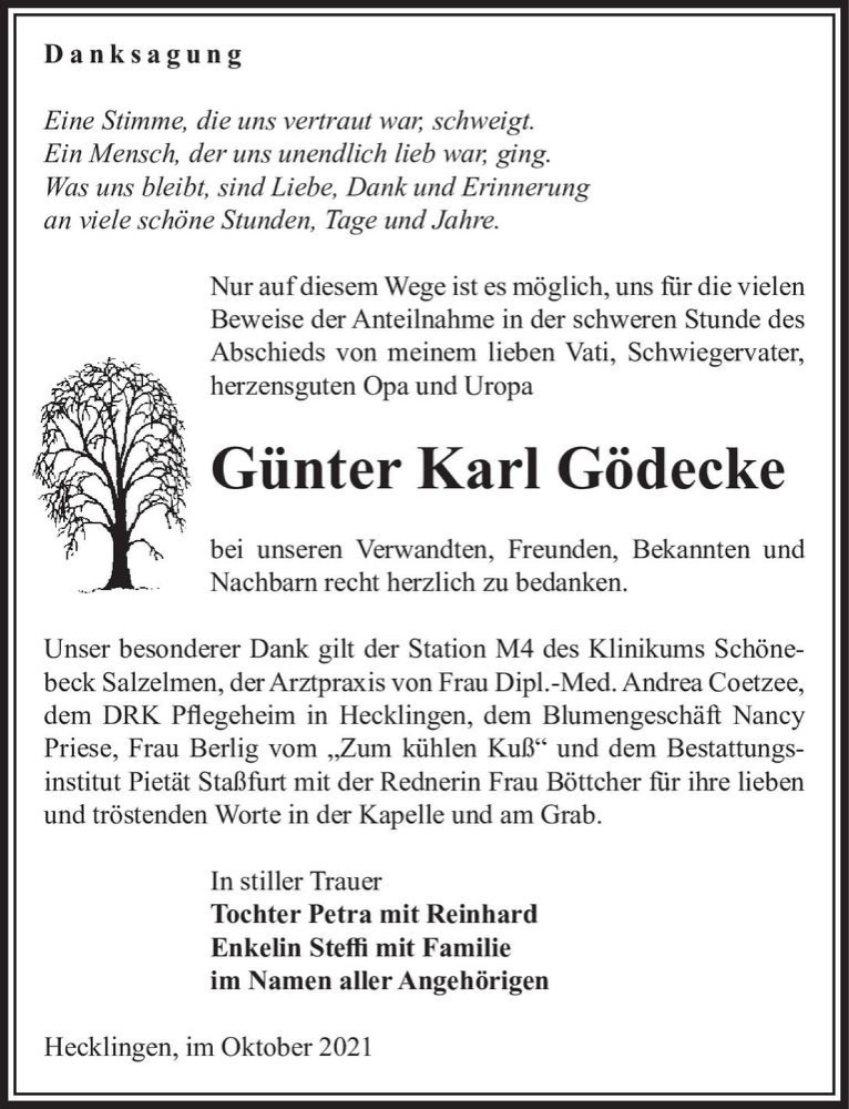  Traueranzeige für Günter Karl Gödecke  vom 09.10.2021 aus Magdeburger Volksstimme