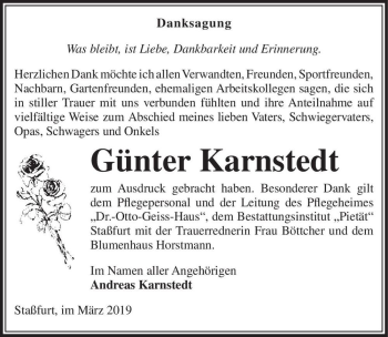 Traueranzeige von Günter Karnstedt  von Magdeburger Volksstimme