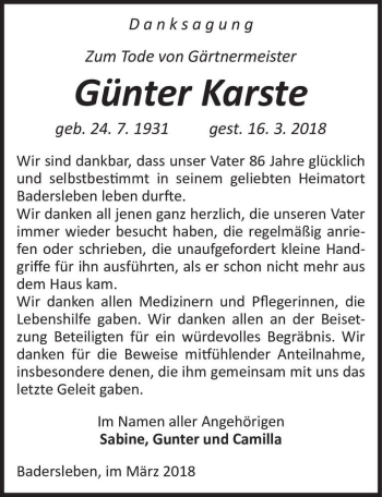 Traueranzeige von Günter Karste  von Magdeburger Volksstimme
