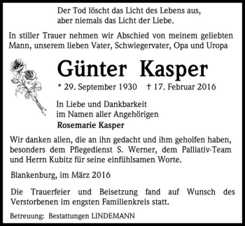 Traueranzeige von Günter Kasper  von Magdeburger Volksstimme