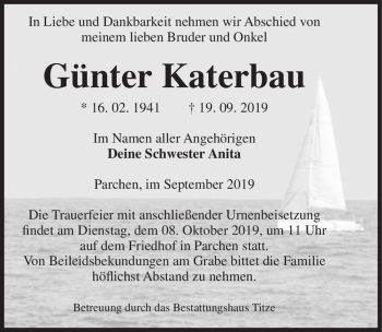 Traueranzeige von Günter Katerbau  von Magdeburger Volksstimme