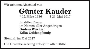 Traueranzeige von Günter Kauder  von Magdeburger Volksstimme