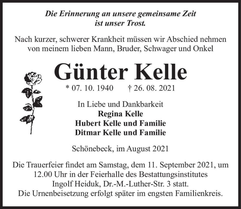  Traueranzeige für Günter Kelle  vom 04.09.2021 aus Magdeburger Volksstimme