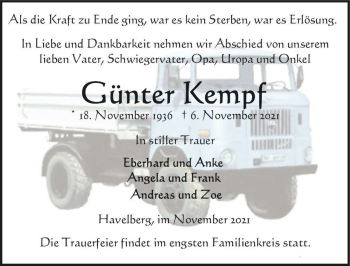 Traueranzeige von Günter Kempf  von Magdeburger Volksstimme