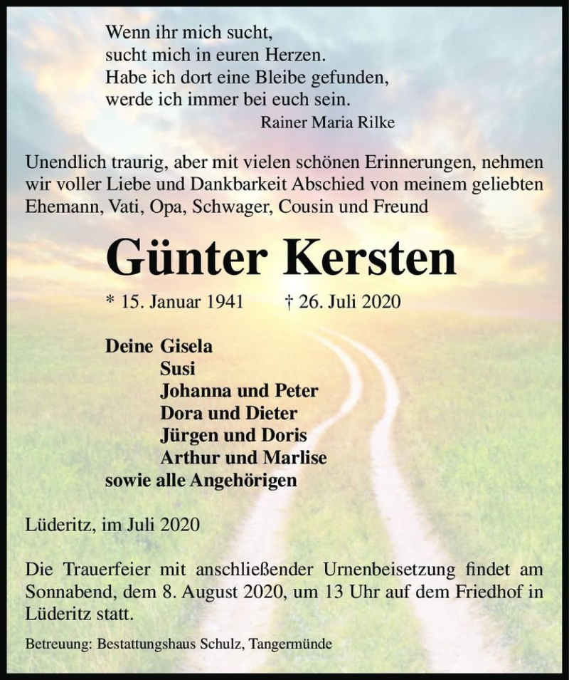  Traueranzeige für Günter Kersten  vom 28.07.2020 aus Magdeburger Volksstimme