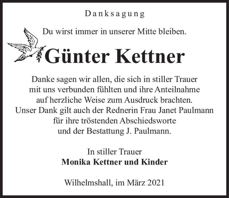  Traueranzeige für Günter Kettner  vom 13.03.2021 aus Magdeburger Volksstimme