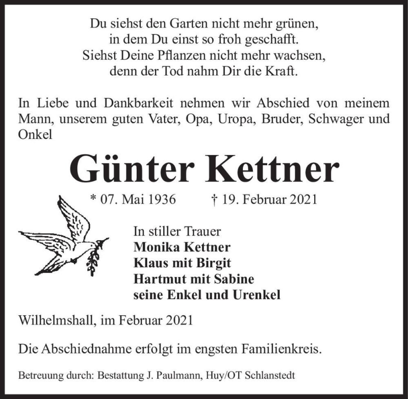  Traueranzeige für Günter Kettner  vom 27.02.2021 aus Magdeburger Volksstimme