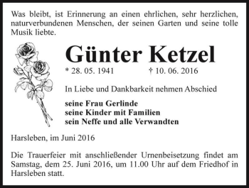 Traueranzeige von Günter Ketzel  von Magdeburger Volksstimme