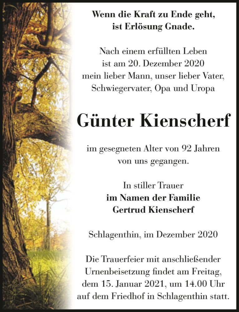  Traueranzeige für Günter Kienscherf  vom 24.12.2020 aus Magdeburger Volksstimme