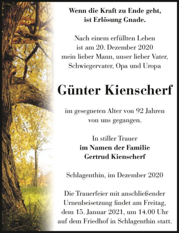 Traueranzeige von Günter Kienscherf  von Magdeburger Volksstimme