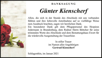 Traueranzeige von Günter Kienscherf  von Magdeburger Volksstimme