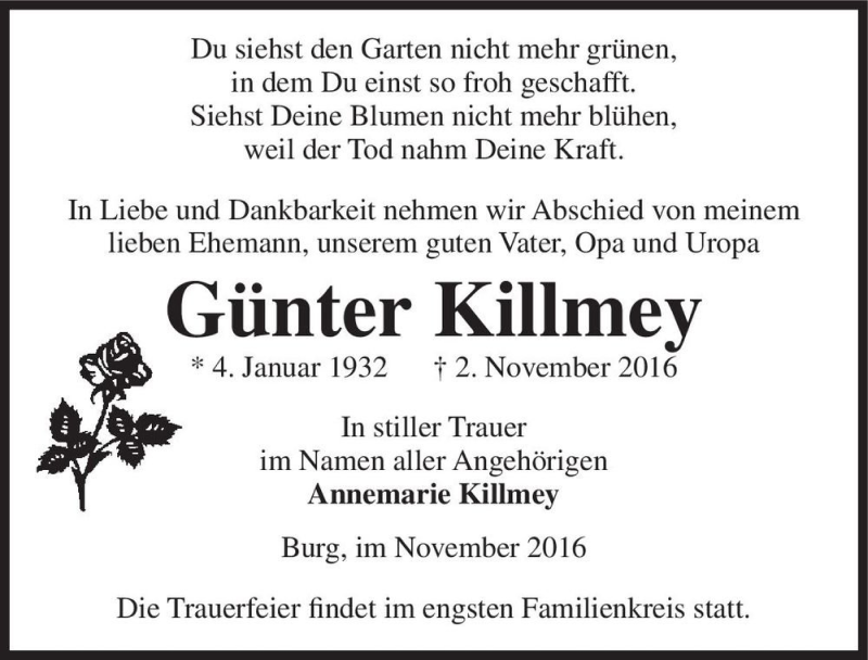  Traueranzeige für Günter Killmey  vom 12.11.2016 aus Magdeburger Volksstimme