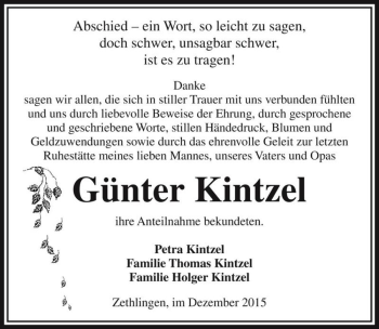 Traueranzeige von Günter Kintzel  von Magdeburger Volksstimme
