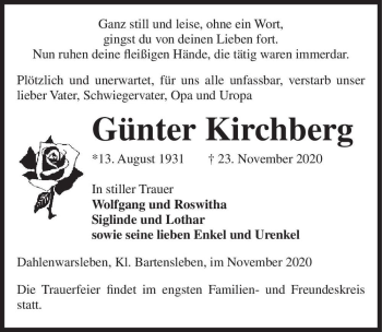Traueranzeige von Günter Kirchberg  von Magdeburger Volksstimme