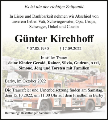 Traueranzeige von Günter Kirchhoff  von Magdeburger Volksstimme