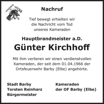 Traueranzeige von Günter Kirchhoff  von Magdeburger Volksstimme