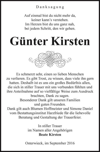 Traueranzeige von Günter Kirsten  von Magdeburger Volksstimme
