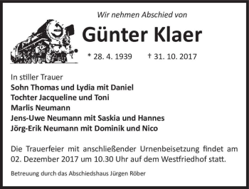 Traueranzeige von Günter Klaer  von Magdeburger Volksstimme