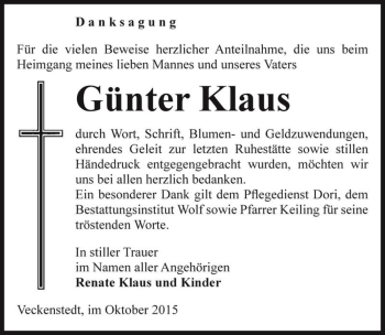 Traueranzeige von Günter Klaus  von Magdeburger Volksstimme