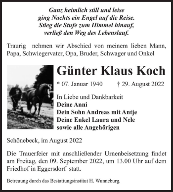 Traueranzeige von Günter Klaus Koch  von Magdeburger Volksstimme