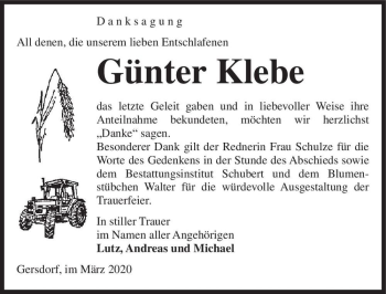 Traueranzeige von Günter Klebe  von Magdeburger Volksstimme