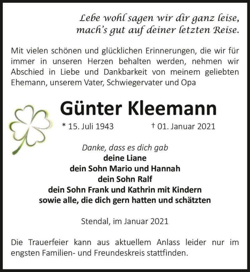  Traueranzeige für Günter Kleemann  vom 07.01.2021 aus Magdeburger Volksstimme