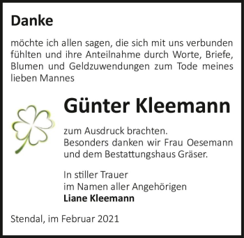 Traueranzeige von Günter Kleemann  von Magdeburger Volksstimme