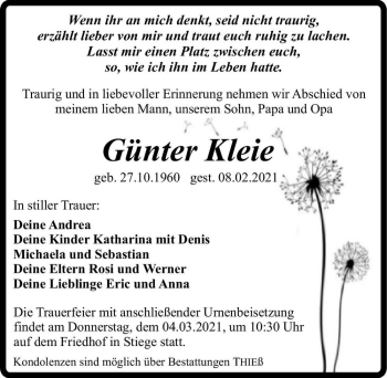 Traueranzeige von Günter Kleie  von Magdeburger Volksstimme