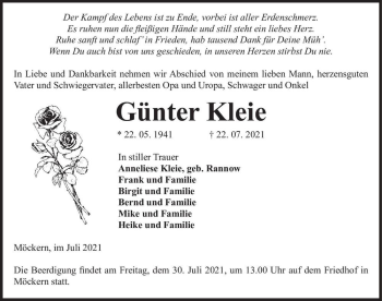 Traueranzeige von Günter Kleie  von Magdeburger Volksstimme