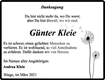Traueranzeige von Günter Kleie  von Magdeburger Volksstimme