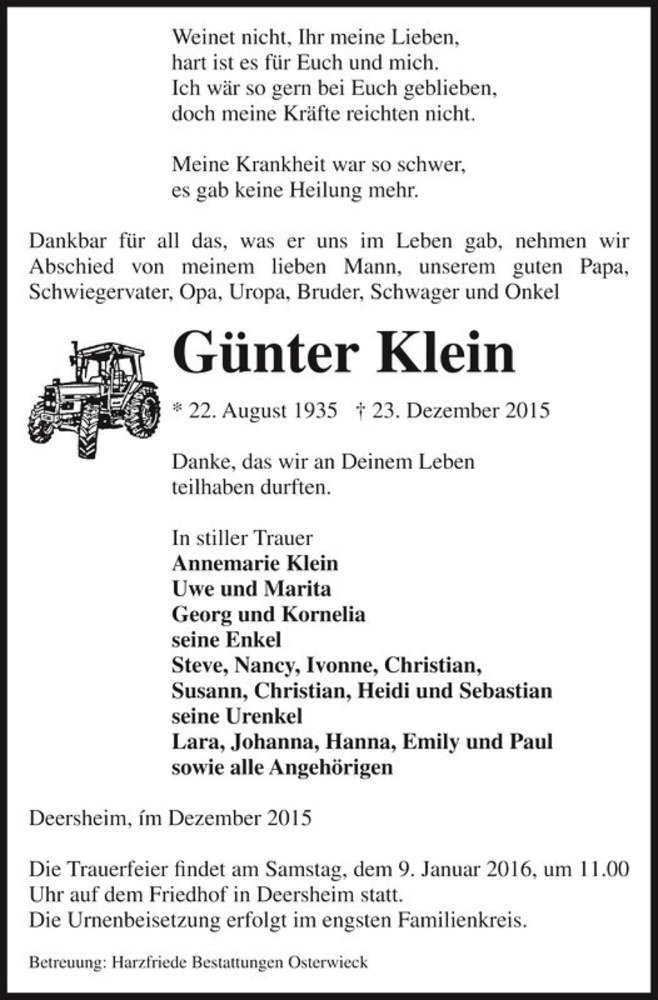  Traueranzeige für Günter Klein  vom 30.12.2015 aus Magdeburger Volksstimme