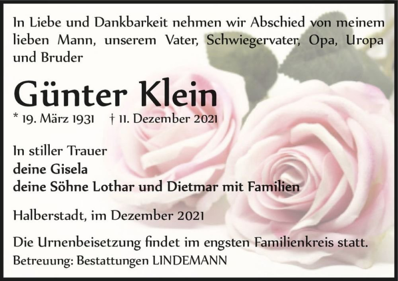  Traueranzeige für Günter Klein  vom 18.12.2021 aus Magdeburger Volksstimme