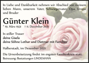 Traueranzeige von Günter Klein  von Magdeburger Volksstimme