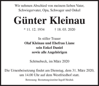 Traueranzeige von Günter Kleinau  von Magdeburger Volksstimme