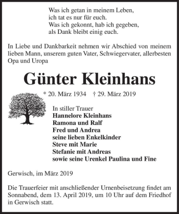 Traueranzeige von Günter Kleinhans  von Magdeburger Volksstimme