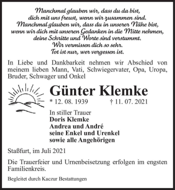 Traueranzeige von Günter Klemke  von Magdeburger Volksstimme