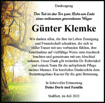 Traueranzeige von Günter Klemke  von Magdeburger Volksstimme