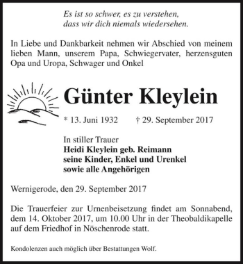 Traueranzeige von Günter Kleylein  von Magdeburger Volksstimme