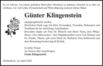 Traueranzeige von Günter Klingenstein  von Magdeburger Volksstimme