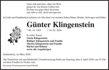 Traueranzeige von Günter Klingenstein  von Magdeburger Volksstimme
