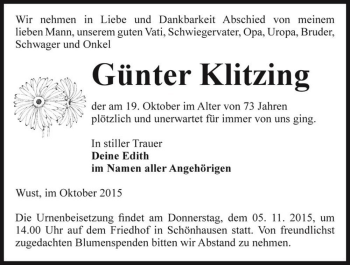 Traueranzeige von Günter Klitzing  von Magdeburger Volksstimme