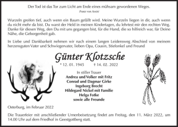 Traueranzeige von Günter Klotzsche  von Magdeburger Volksstimme