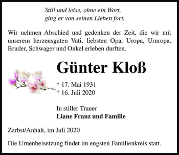 Traueranzeige von Günter Kloß  von Magdeburger Volksstimme