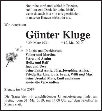 Traueranzeige von Günter Kluge  von Magdeburger Volksstimme