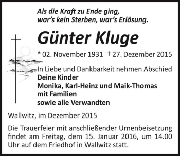 Traueranzeige von Günter Kluge  von Magdeburger Volksstimme