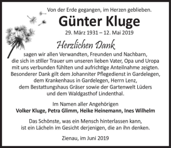 Traueranzeige von Günter Kluge  von Magdeburger Volksstimme