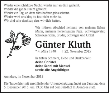 Traueranzeige von Günter Kluth  von Magdeburger Volksstimme