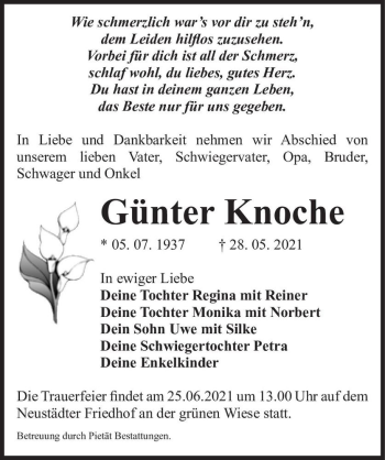 Traueranzeige von Günter Knoche  von Magdeburger Volksstimme