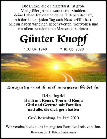 Traueranzeige von Günter Knopf  von Magdeburger Volksstimme